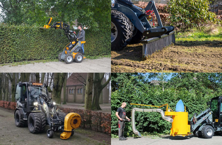 GIANT aanbouwdelen huren: palletvork, puinbak, veegmachine en meer
